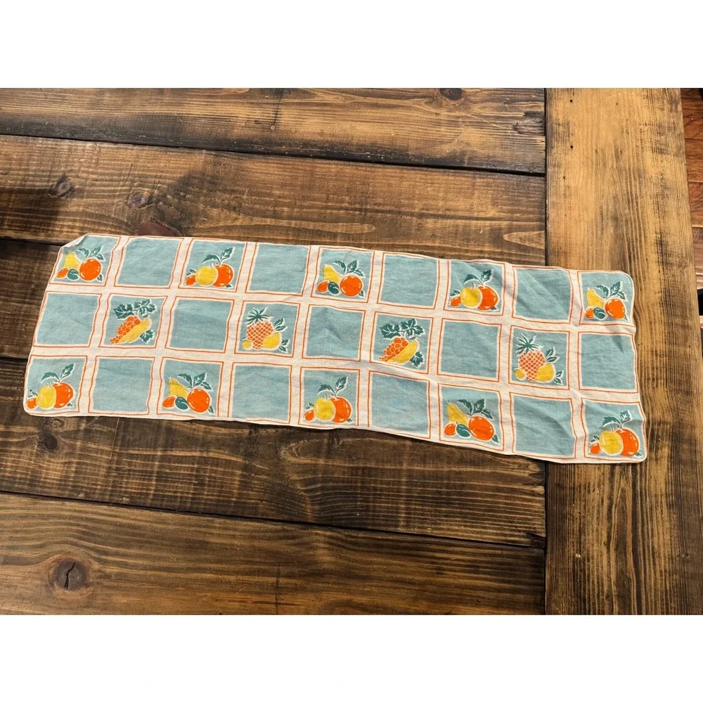 Vintage Mid Century Fruit Retro Table Runner and 7 Napkins Set Teal Orange‎ MCM